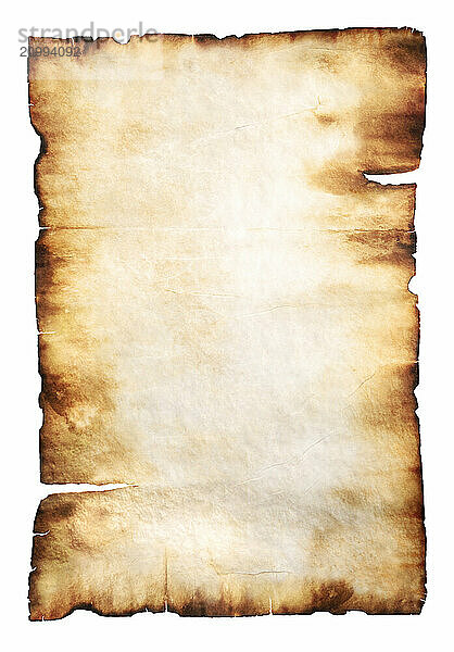 Stock photo of a Vintage rustic yellowish parchment paper with burnt edges Isolated silhouette on white background