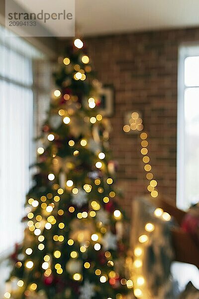 Bokeh lights of christmas tree  blurred christmas tree at house.