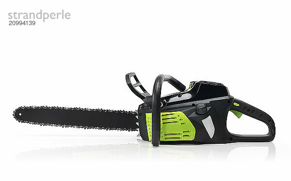 Electric Cordless battery powered chainsaw isolated on white background