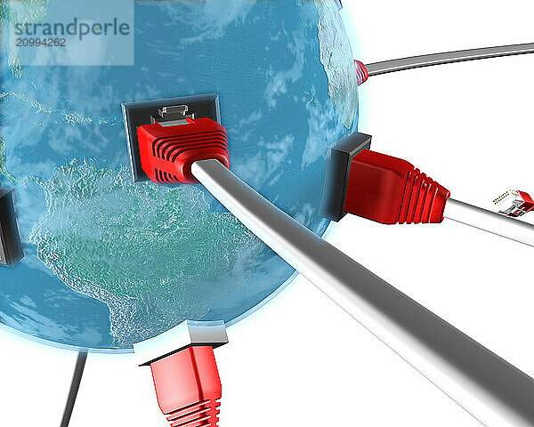 Conceptual 3D illustration of many network cable connectors plugging into a blue Earth globe with sockets Internet connection WWW global communication ISP network information and media concept Isolated on white