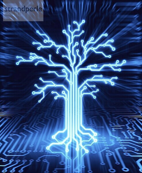 Glowing digital tree on circuit board  conceptual illustration blue on black background