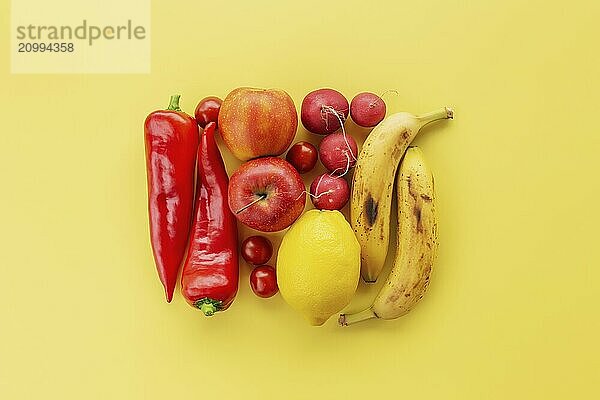 Healthy and organic food flay lay concept on yellow background. A square made of different vegetables and fruits like lemon  apples  bananas  red sweet pepper  radish