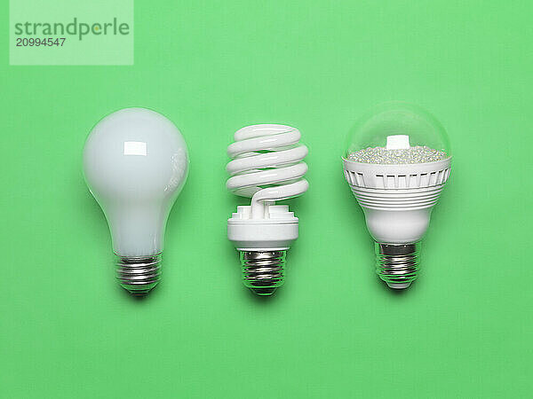 Three generations of light bulbs. Regular incandescent  energy saving fluorescent and LED isolated on green background