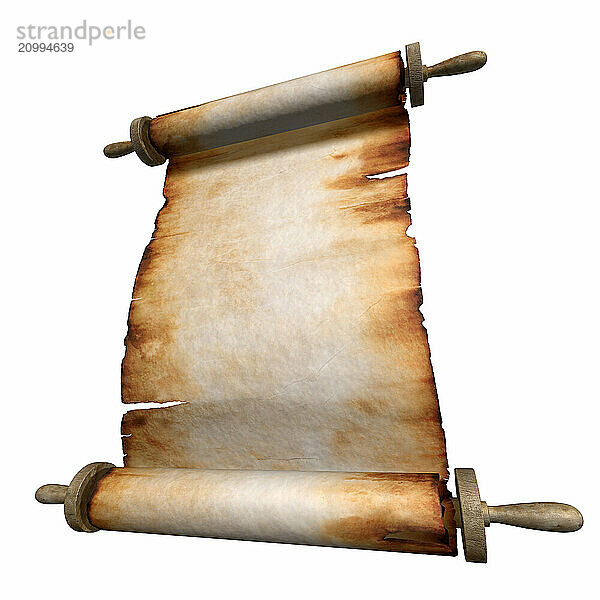 Blank unfolded roll of old yellowish parchment isolated on white background