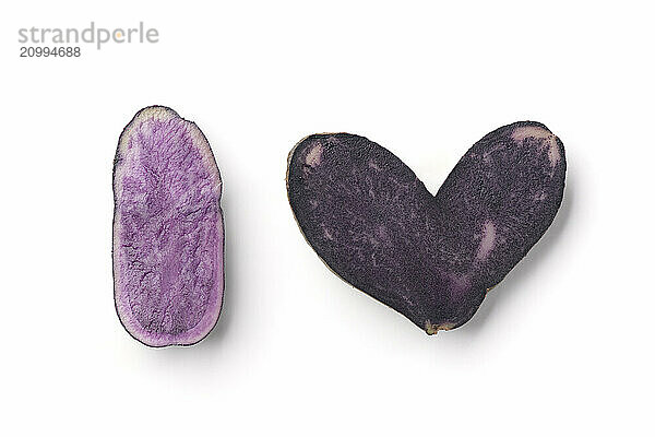 I Heart symbols made by sliced purple  blue potatoes isolated on white