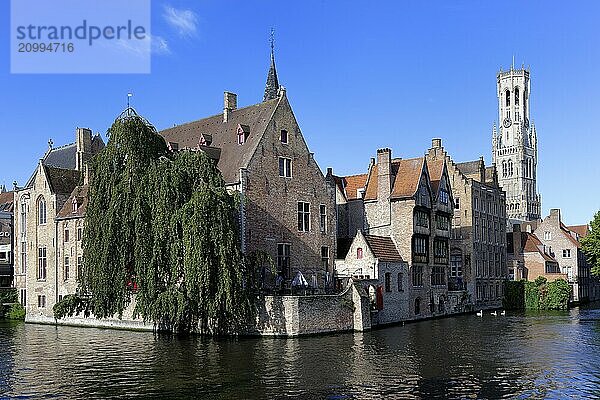 Famous view of Bruges old city with the Belfry and the Dijver canal  Bruges  Flanders  Belgium  Europe