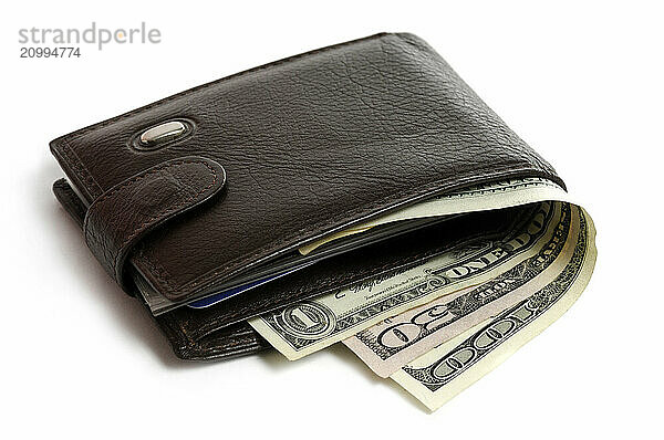 Brown leather wallet with US dollar bills sticking out of it Isolated on white