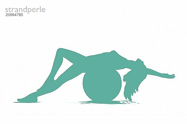 Conceptual illustration of a woman with fit slim body stretching balancing on exercise ball  blue symbol isolated on white background. Fitness and health concept