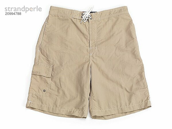 Mens khaki swimming trunks  boardshorts isolated on white background