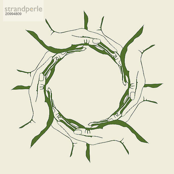 A group of people making a circle shape with their hands. Green environmental conceptual symbol design  isolated illustration on white background