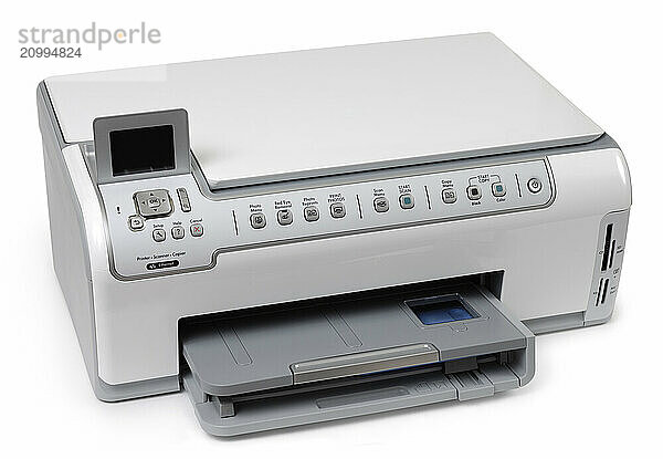 Stock photo of a Modern InkJet All-In-One HP Photosmart C6280 Ethernet photo printer scanner copier Isolated silhouette with clipping path on white background