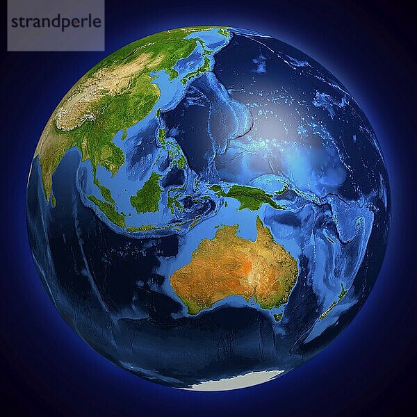 View of the Earth globe from space showing Oceania  Australia  Indonesia  Papua New Guinea  New Zealand. Isolated on dark blue background  Oceania