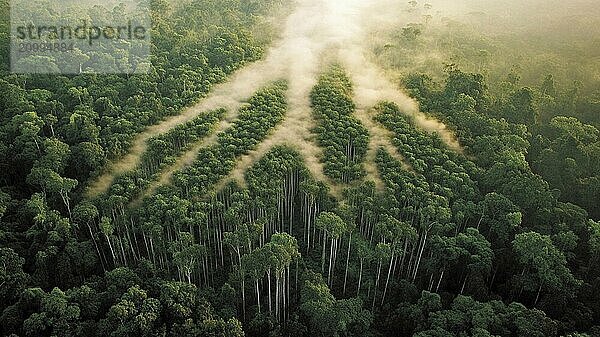 Forest with mist spreading like branches seen from above  creating an ethereal effect  AI generated