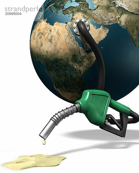 Last drops of gasoline coming out of a gas station nozzle connected to the Earth. Isolated illustration on white background