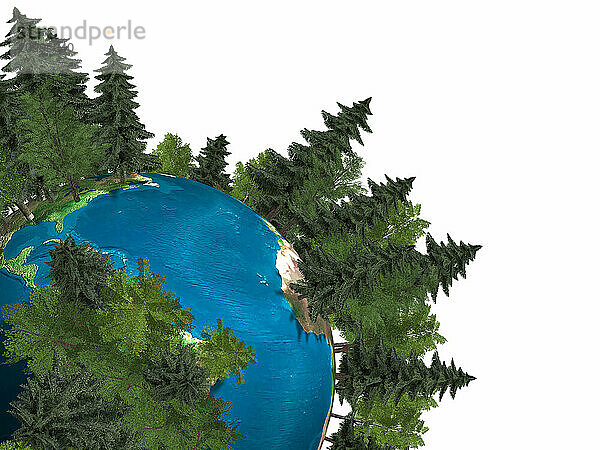 Conceptual 3D Illustration of the Earth globe covered with green trees growing out of it Green environment Ecology Rain forest Forestation concept Isolated on white