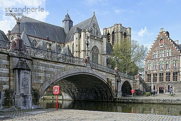 Late gothic Saint Michael Church and St. Michael bridge  Ghent  Flanders  Belgium  Europe