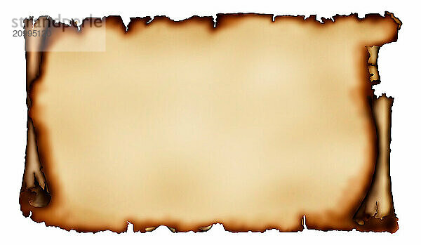 Old piece of parchment with torn burnt edges yellowish vintage paper background isolated on white with a clipping path