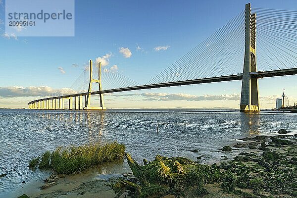 Ponte Vasco da Gama Bridge view near the Rio Tejo river at sunset