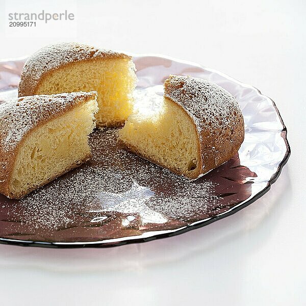 Three slices of custard pie on a white background