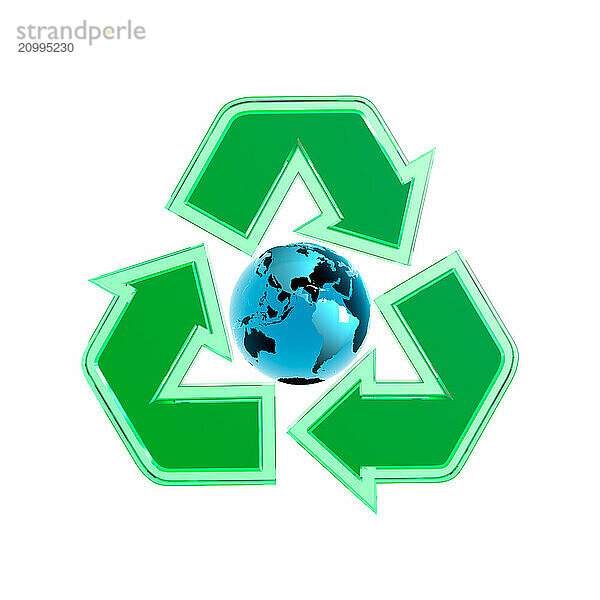 Green translucent recycling symbol with the Earth globe in the centre. 3D illustration isolated on white background