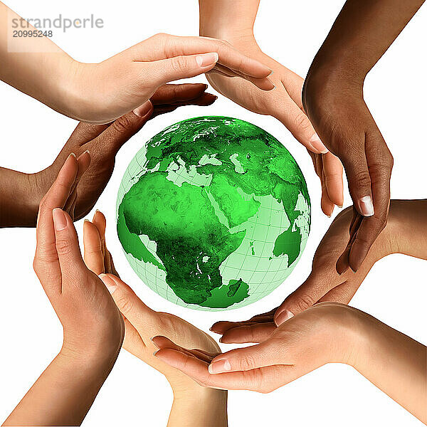 Conceptual symbol of a green Earth globe with multiracial human hands around it. Isolated on white background. Unity and world peace concept