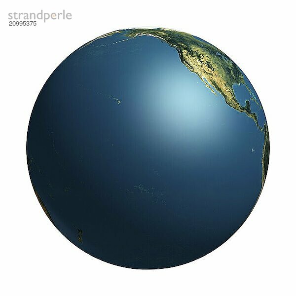 View of the Earth globe from space showing the Pacific ocean and a part of North American continent. Isolated on white background