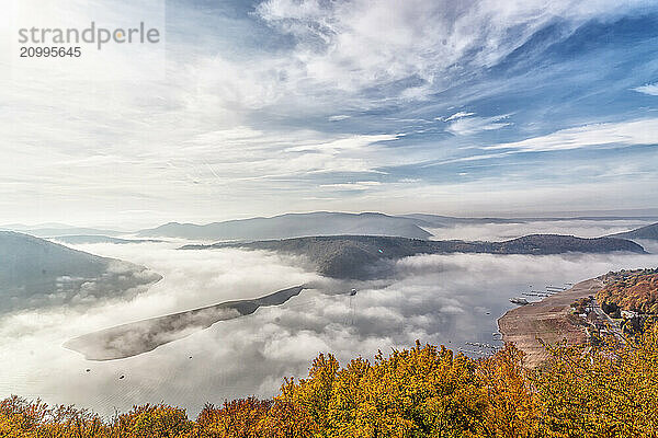 From Waldeck Castle with a view of Lake Edersee and the surrounding nature parks  North Hesse  Germany  Europe