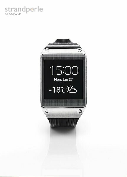 Samsung Galaxy Gear smartwatch showing time and weather. Isolated watch on white background with clipping path