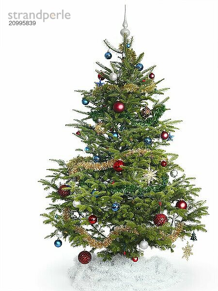 Decorated real Christmas tree isolated on white background