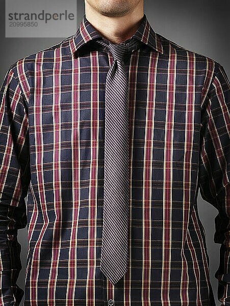 Closeup of a man wearing a stylish black red tartan shirt with a skinny stripy necktie on grey background