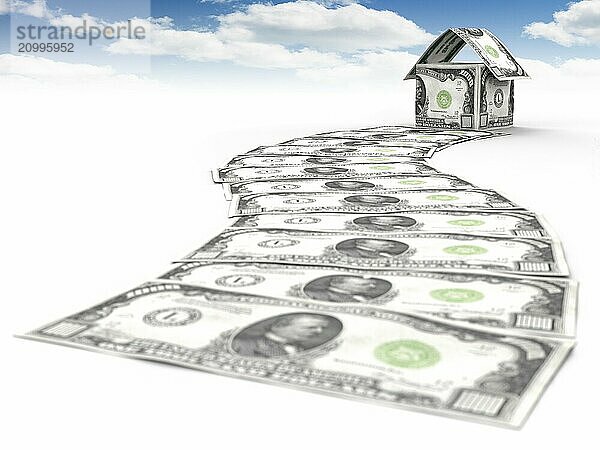 Money path leading to a house made of thousand dollar bills under blue sky isolated on white background. Business career  investment  property  mortgage and housing concept