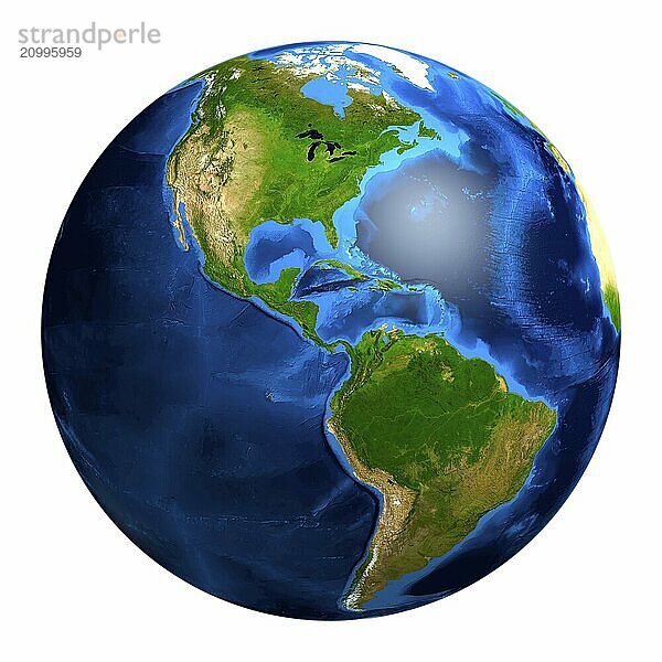 View of the Earth globe from space showing South and North America. Isolated on whiite background