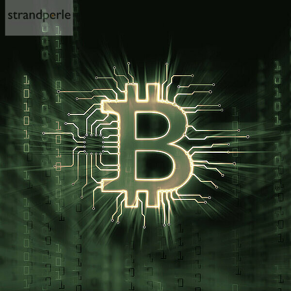 Bitcoin ? cryptocurrency  digital decentralized currency symbol  conceptual illustration of a bitcoin connected to a blockchain network in green matrix color scheme