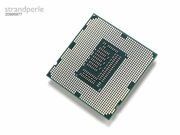 Intel i7 processor gold contacts CPU socket circuit isolated on white background