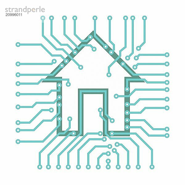 Connected home symbol conceptual illustration of PCB circuits with a house symbol isolated on white background. Vector illustration is available on request