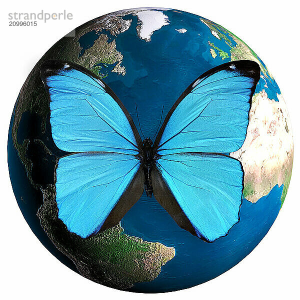 Blue Morpho butterfly sitting on top of the Earth globe 3D model Conceptual photo-illustration Environment and ecology concept Isolated on white