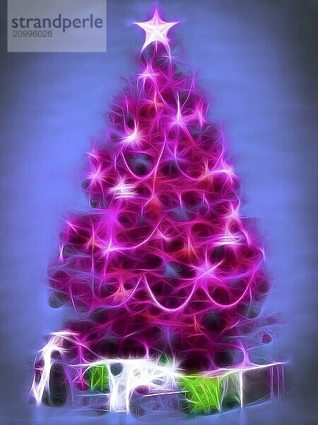 Bright pink abstract Christmas tree with gifts under it. Artistic colorful illustration isolated on blue background