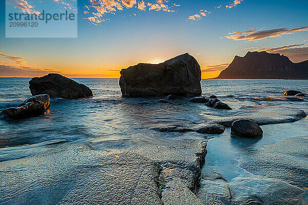 Rocky coast at sunset  Utakleiv  Lofoten  Norway  Europe