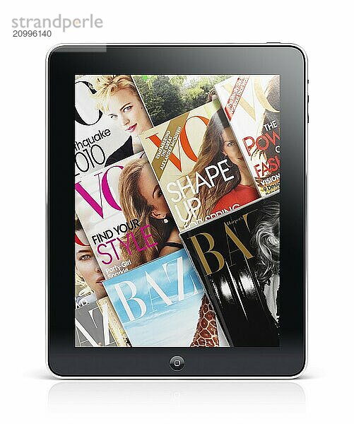 Apple iPad tablet with fashion magazine covers on its display screen isolated with clipping path on white background. High quality photo