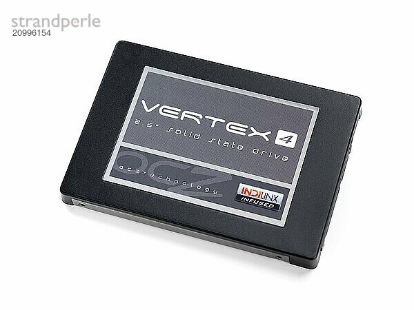 Closeup of SSD OCZ Vertex 4 computer solid state drive isolated on white background