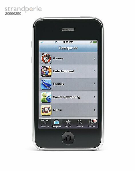 Apple iPhone 3Gs 3G smartphone displaying application menu on the screen isolated with clipping path on white background. High quality photo