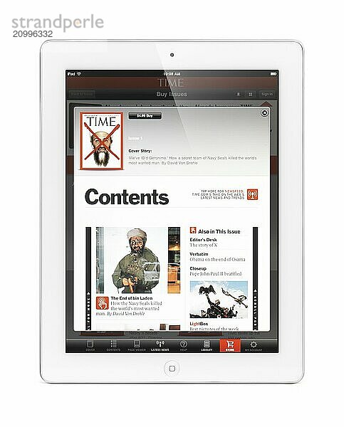 IPad 2 with electronic issue of Time magazine on its display. Isolated with clipping path on white background