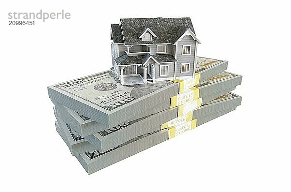 Miniature house resting on stack of thousands of dollars cash isolated on a white background