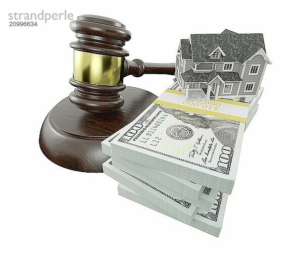 Miniature house with stack of money and wooden gavel isolated on a white background