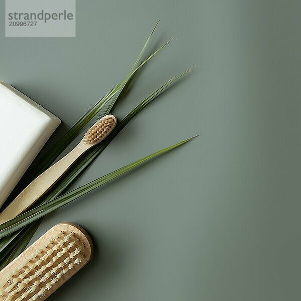 Bath accessories flay lay  pastel green background. Healthcare concept  palm leaf  wooden tooth brush  foot brush  white soap. Eco  zero waste  reusable  plastic free concept  environment saving