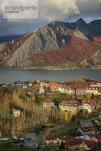 Riano cityscape at sunrise with mountain range landscape during Autumn in Picos de Europa national park  Spain  Europe