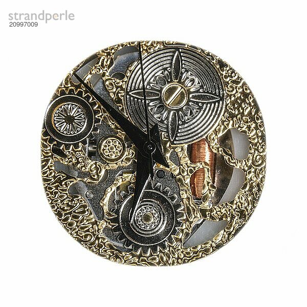 Dial with embossed decorations in gold and silver with black hands set off against white