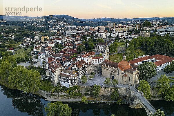 Amarante drone aerial view with beautiful church and bridge in Portugal at sunrise