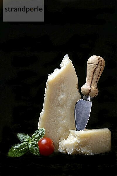 A piece of Parmesan cheese with cheese knife  basil and tomato  Italy  Europe