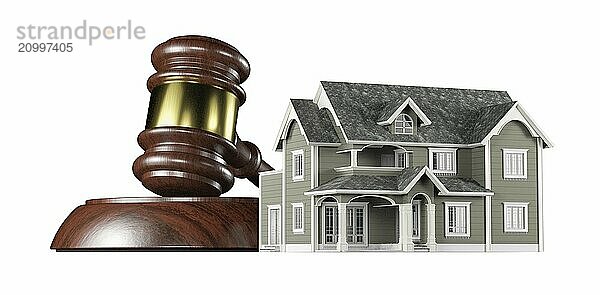 Wooden gavel and miniature house isolated on a white background